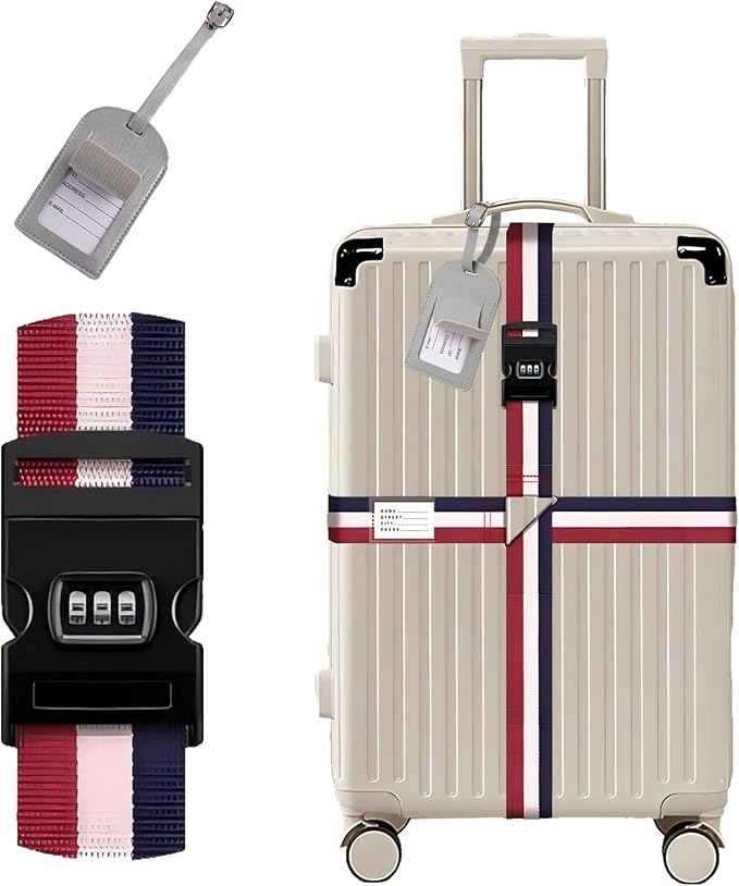 Luggage Straps for Suitcases,Travel Luggage Straps with Lock and Luggage Tags,Suitcase Strap,Adjustable Colorful Travel Belt for Travel Suitcase Bag Closure Accessories.(Red White Blue)