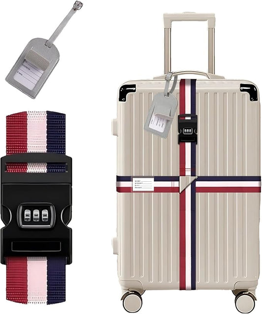 Luggage Straps for Suitcases,Travel Luggage Straps with Lock and Luggage Tags,Suitcase Strap,Adjustable Colorful Travel Belt for Travel Suitcase Bag Closure Accessories.(Red White Blue)