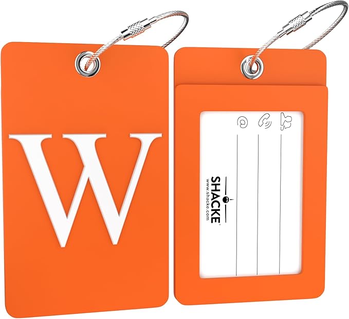 Shacke Luggage Tag Initial – Fully Bendable Tag w/Stainless Steel Loop - Orange (Letter W)