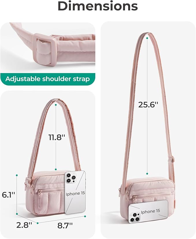 BAGSMART Cross Body Purse, Mini Crossbody Bags for Women Travel Purse, Puffy Shoulder Handbag Wallet with RFID Blocking Slots, Baby Pink-small
