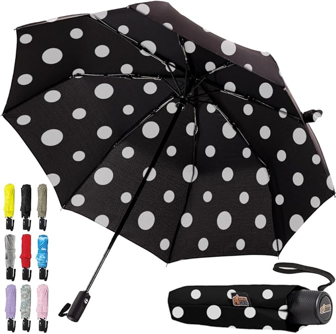GORILLA GRIP Strong Windproof Stick Compact Umbrella for Rain, One-Click Automatic Open and Close, Durable Quick Dry Waterproof Material, Lightweight and Portable, Travel Size Fits Backpack Polka Dots