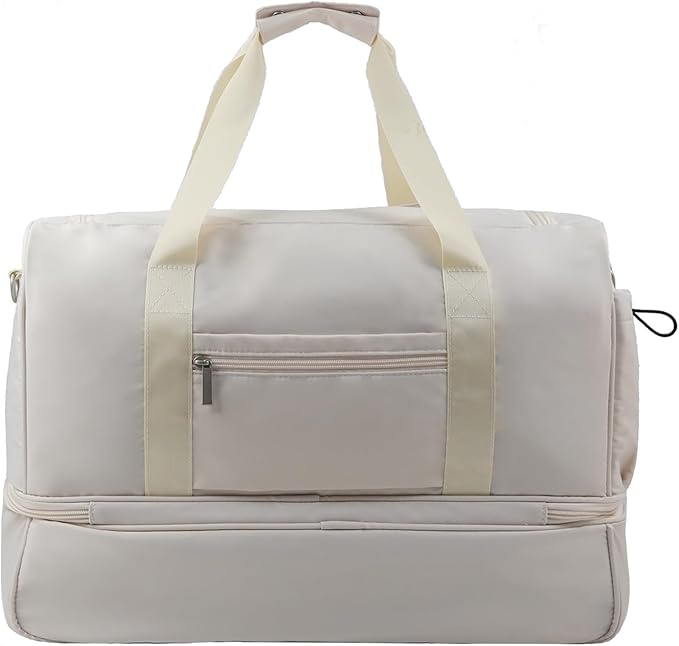 Carry On Travel Duffel Bag for Women & Men,Overnight Weekender Bag with Shoe Compartment,Trolley Sleeve and Adjustable Shoulder Strap,Business & Weekend Travel,Gym,Sports,Yoga & Dance(Ivory)