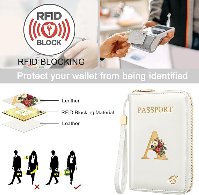 Passport Holder for Travel Personalized Passport Holder Initial Letter Rose Flower RFID Blocking Travel Wallets Credit Cards Holder for Women Men, White A