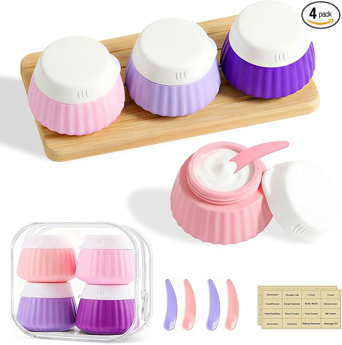 4 Pack Travel Size Silicone Cream Containers, Leak Proof Refillable Toiletry Bottles for Toiletries with 4 Scoops, Labels and Clear Bag, Suitable for Travel Shampoo and Conditioner Bottles (A)