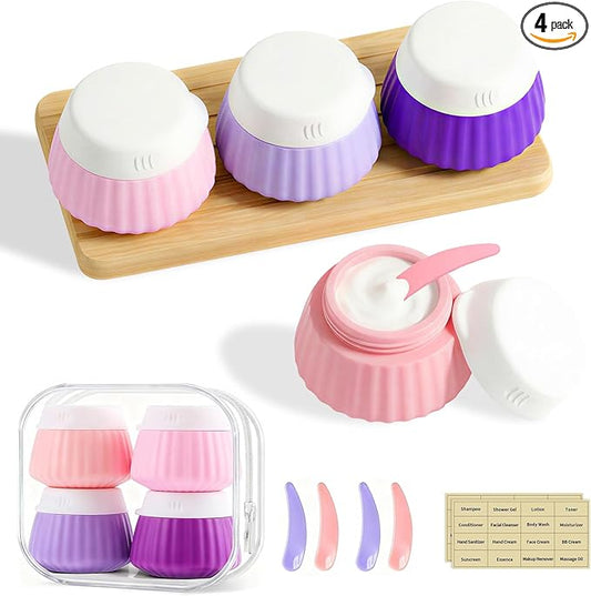 4 Pack Travel Size Silicone Cream Containers, Leak Proof Refillable Toiletry Bottles for Toiletries with 4 Scoops, Labels and Clear Bag, Suitable for Travel Shampoo and Conditioner Bottles (A)