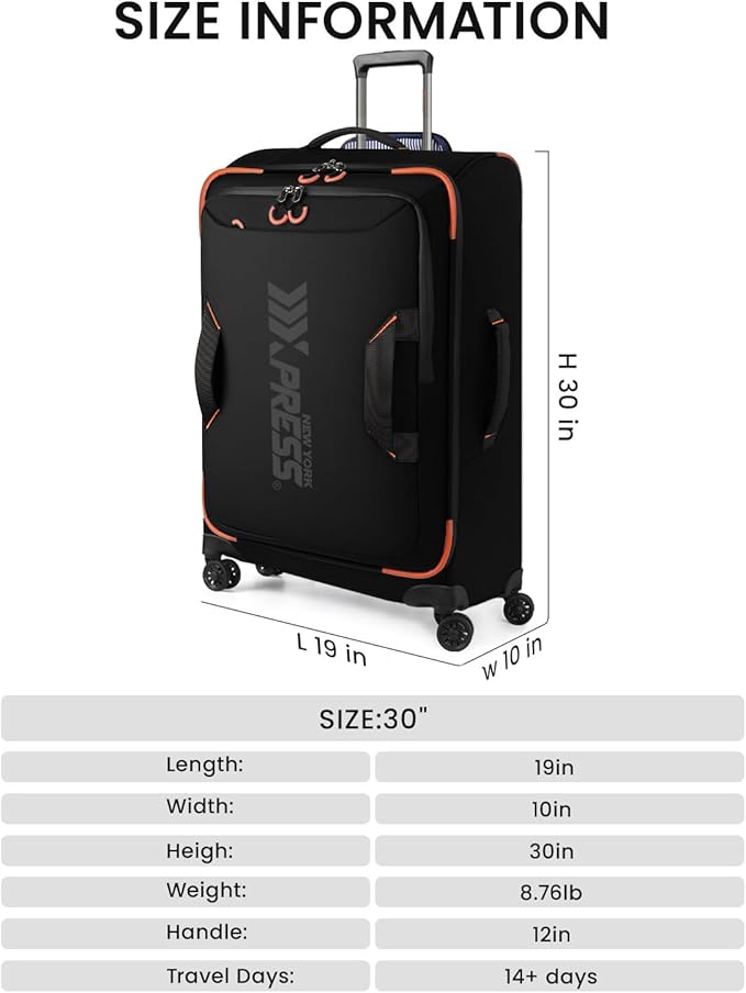 30'' Large Softside Suitcase,Luggage w/Spinner Wheels,Waterproof,Lightweight Travel Suitcase for Men/Women（Black,30in）