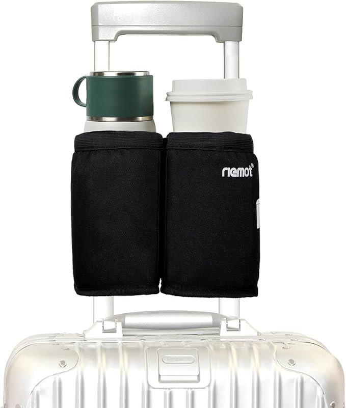 riemot Luggage Travel Cup Holder Free Hand Drink Carrier - Hold Two Coffee Mugs No Spill - Fits Roll on Suitcase Handles - Gifts for Flight Attendants Travelers Accessories Black