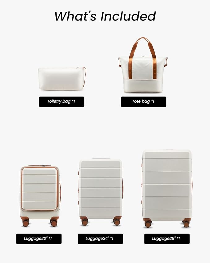 5 Piece Luggage Set Hardside Expandable Suitcase with TSA Lock Spinner Wheels Lightweight Travel Set Includes Tote and Toiletry Bag, (5 Piece Sets, White)