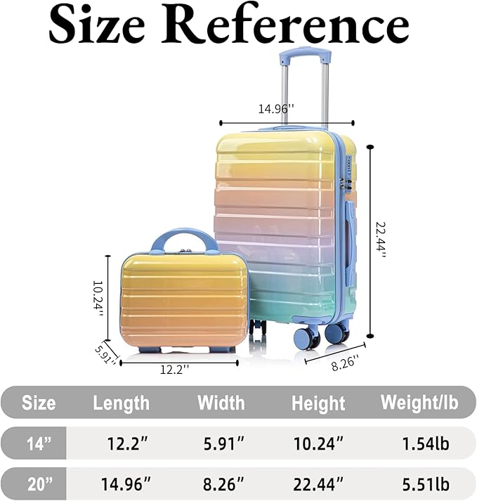 Gradient Yellow-Lake Blue Luggage Set 14" & 20" - 2 Piece PC Spinner Wheel Suitcases with Combination Lock, Lightweight Carry On for Business & Vacation
