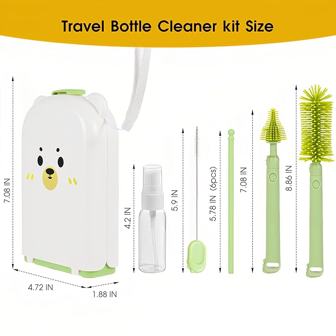 Travel Baby Bottle Cleaner Kit，7-in-1 Baby Bottle Brush Set for Travel and Home, All-in-One Baby Bottle Washing Kit: Integrated Cleaning & Drying System for Bottles and Breast Pump Parts (Green)