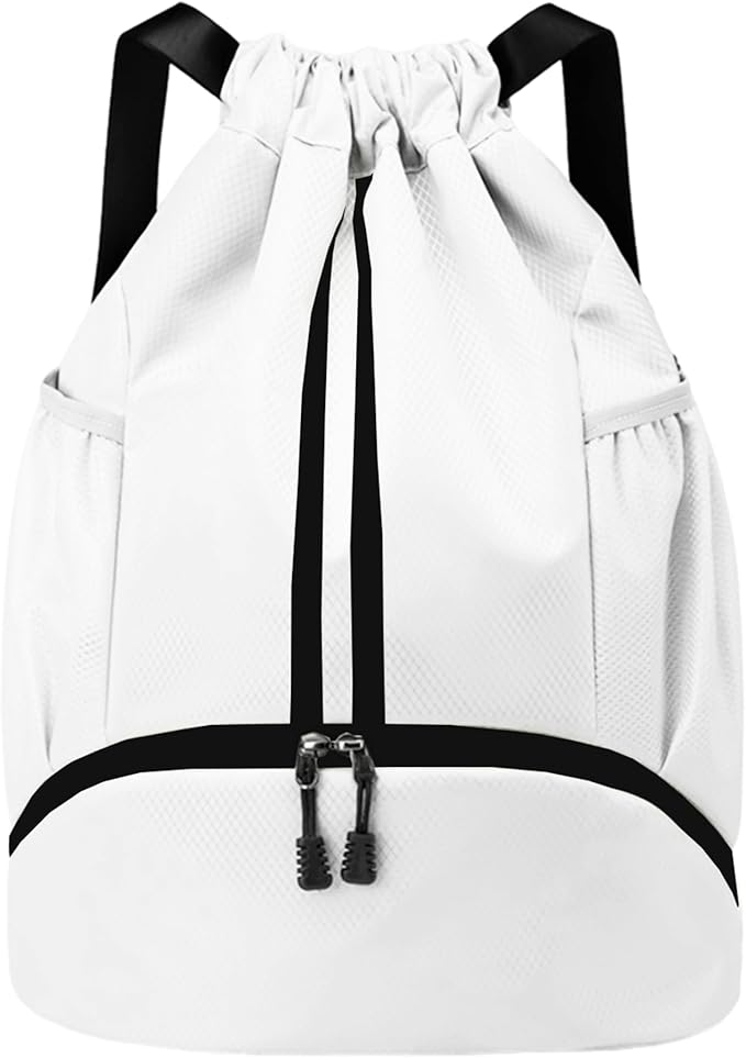 Drawstring Backpack Gym Bag with Shoes Compartment for Soccer, Basketball, Swim, Water-Resistant String Backpack Beach Cinch for Women Men, White