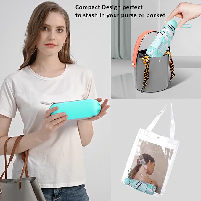 BAODINI Travel Essentials Mini Umbrella for Purse With Case Small Compact UV Sun Protection Lightweight Tiny Pocket Manual Open Close Umbrella for Women Kids and Men Fits Purse Backpack