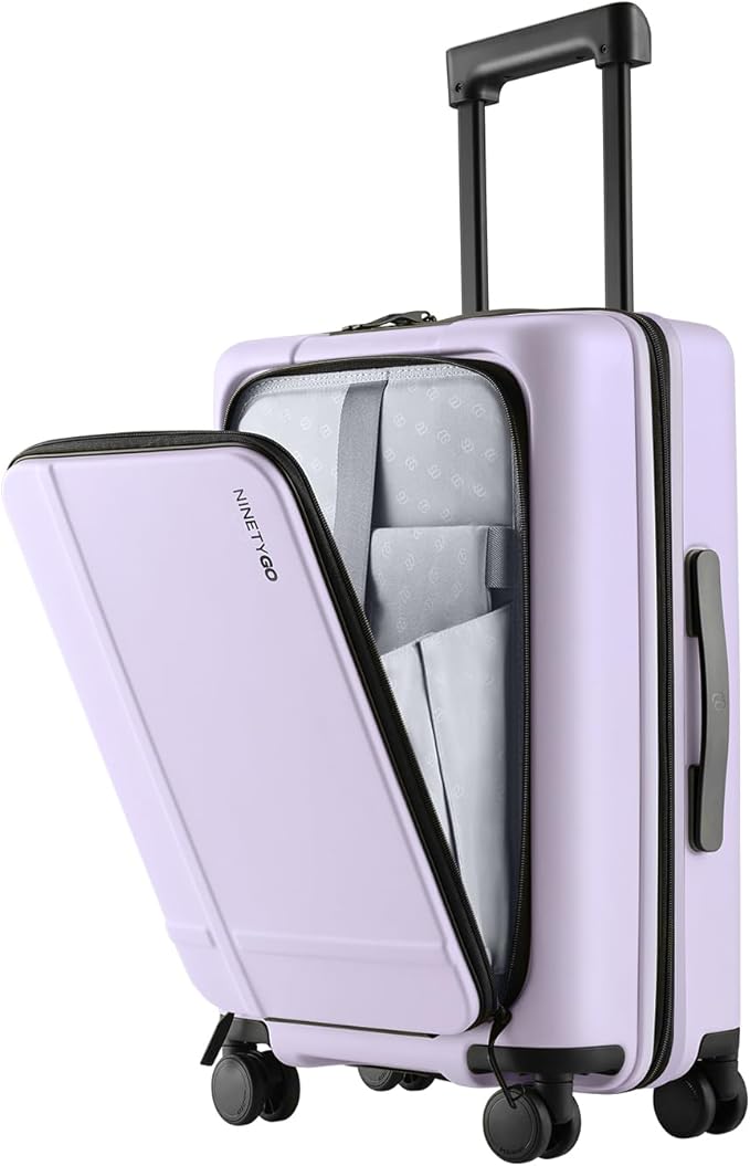 NINETYGO Carry On Luggage 22x14x9 Airline Approved, 20 Inch Suitcase with Front Compartment, Lightweight PC Hard Shell, Cup Holder, Clamshell, TSA Lock, Spinner Wheels (Lavender Taro Milk)