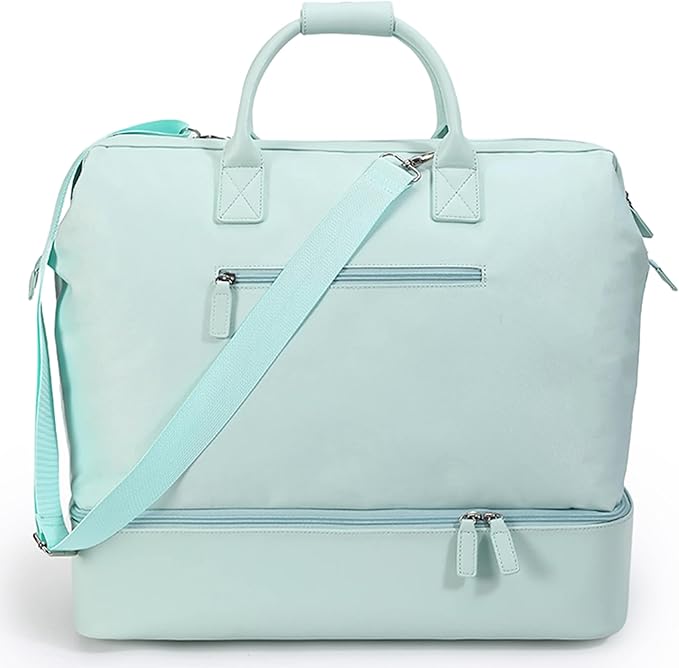 Nobl Travel Weekender Bag for Women & Men, Large Duffel Carry-On Tote with Trolley Sleeve, Separate Shoe Compartment & Laptop Pocket, Leather Overnight Bag for Airplane, Gym, Road Trips - Powder Blue