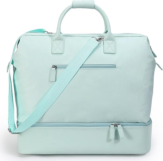 Nobl Travel Weekender Bag for Women & Men, Large Duffel Carry-On Tote with Trolley Sleeve, Separate Shoe Compartment & Laptop Pocket, Leather Overnight Bag for Airplane, Gym, Road Trips - Powder Blue