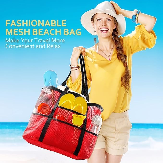 SRISE Mesh Beach Bag - Large Beach Tote Bag for Family Beach Bag for Toys & Vacation Essentials