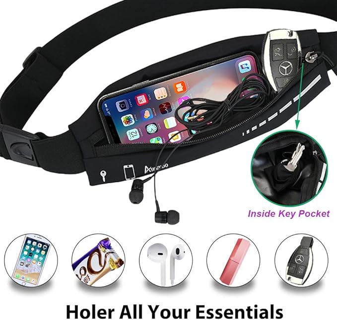 AIKENDO Slim Running Belt for Women Men,Runners Fanny Pack Phone Holder,Running Pouch Waist bag for Workout Jogging,Money Belt Running Gear Accessories