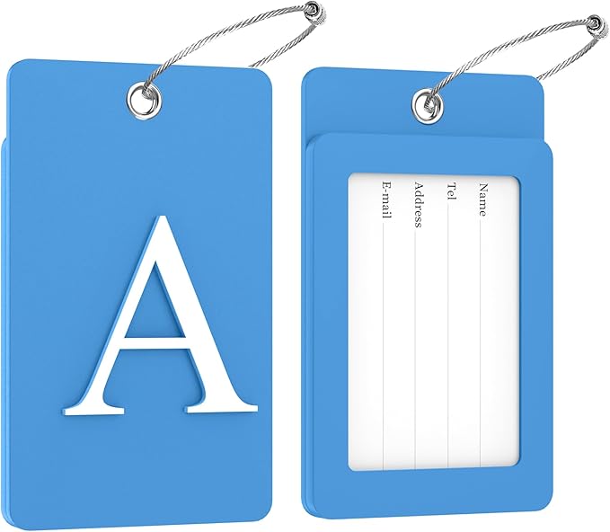 Gostwo 2 Pack Luggage Tags for Suitcases, 26 Initial Letter Travel Luggage Baggage Identification Labels ID Tag Fully Bendable Tags with Stainless Steel Loop (Blue) (Letter A)