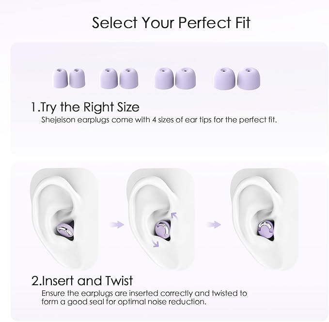 Adjustable Ear Plugs - 3 Noise Cancelling Modes for Work, Travel, Concerts & More, Reusable Hearing Protection with 4 Sizes (XS/S/M/L), Comfortable Ear Plugs for Noise Reduction, Purple Silver