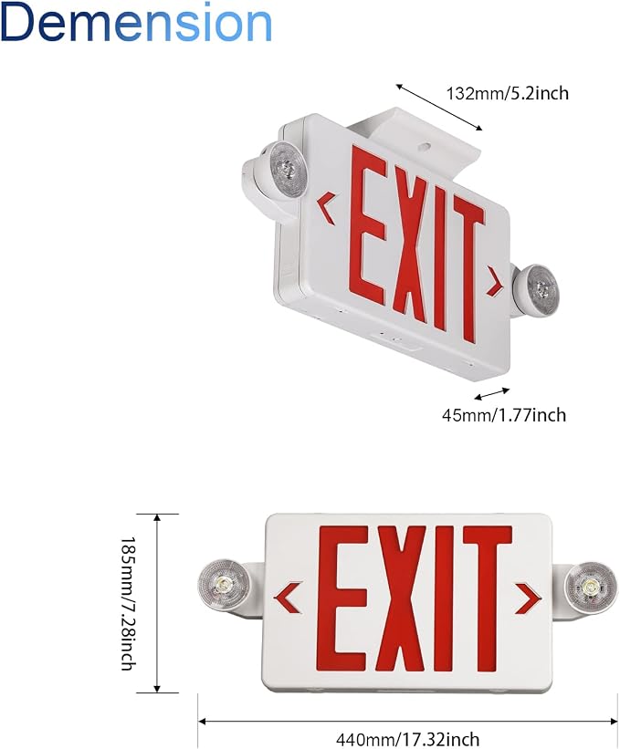 GZRUIYANG Exit Sign With Emergency Lights Red, LED Exit Light With Battery Backup, UL 924 Certified, AC 120/277V, Commercial Lights Combo for Business - 2 Pack