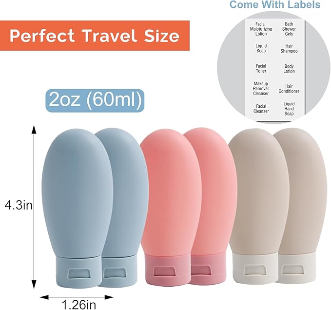 Travel Bottles for Toiletries 6 Pack, Leakproof 2 oz Tsa Approved Travel Size Containers, BPA Free Plastic Shampoo and Conditioner Bottles, Camping Travel Essentials (Multicolor - A)