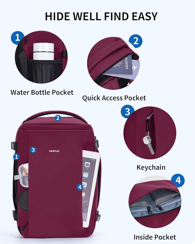 ECOHUB 40L Carry-On Travel Backpack, TSA-Friendly, Anti-Theft Water-Resistant Lightweight with 17.3″ Laptop Compartment, Durable PFAS-Free Rucksack, Red