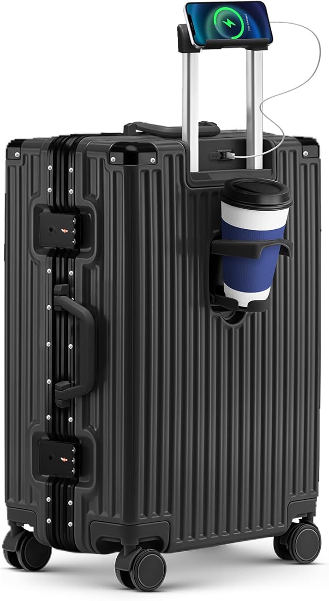 Carry On Luggage, 24 Inch Zipperless Luggage, Aluminum Frame Hardside Suitcase with TSA Lock, Spinner Wheels, Phone Holder, Charging Port, Cup Holder for Lightweight Travel, Black