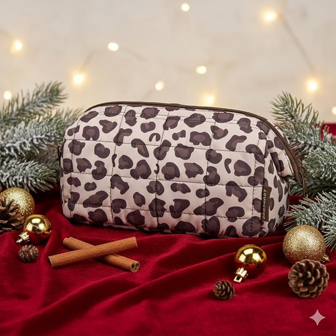 BAGSMART Makeup Bag Travel Toiletry Bag, Puffy Padded Make Up Bags for Women Makeup Organizer Case, Wide-open Pouch Purse Travel Essentials Toiletries Accessories Brushes, Leopard