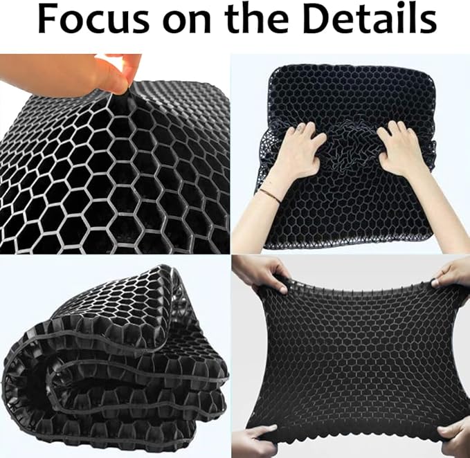 Gel Seat Cushion, Large Gel Cushion Breathable Honeycomb Chair Pads Gel Cushion with Non-Slip Cover for Home Office Chair Car Seat Wheelchair Absorbs Body Pressure Points, As Seen on TV (Black)