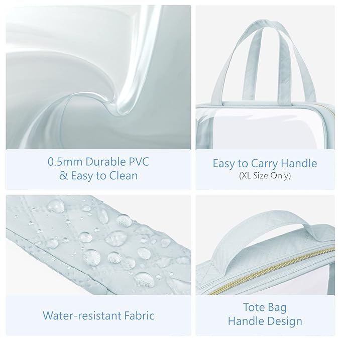 PACKISM Clear Makeup Bag Combo Pack, 1 TSA Approved Medium & Large/XL for Checked Luggage, Clear Toiletry Bag with Handle, Water-resistant Travel Essentials Organizer, Grayish Blue