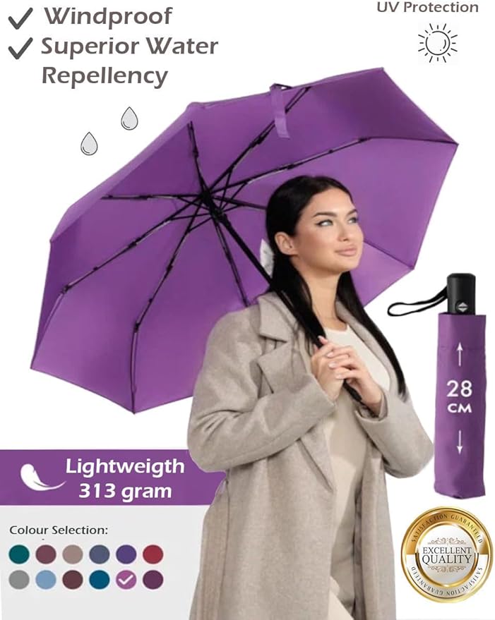 Windproof Travel Umbrella - Compact, Light, Full Automatic Open/Close - Folding Backpack Umbrella for Rain & Sun UV Preotection For Men & Women, Unbreakable 8 Fiberglass Ribs UK Design