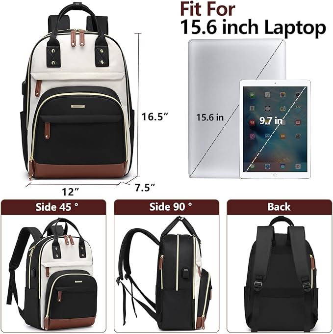 Laptop Backpack for Women Bag - 15.6 inch Work Bags with USB Charger College Bookbag Business Computer Backpack Purse Beige Black Brown