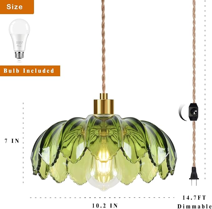 QIYIZM Plug in Pendant Light Hanging Lights with Plug in Cord Boho Hanging Lamp Glass Gold Mid Century Modern Vintage Dimmable Green Flower Plug in Chandelier Ceiling Fixture for Living Room,Kitchen