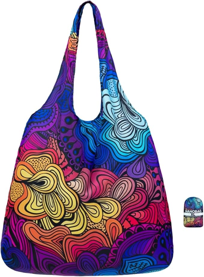 Nanobag Ultralight Heavy Duty Foldable Tote for Women & Men, Reusable Grocery & Travel Bag, Packable Collapsible Compact Market Essential (XL Psychedelic)