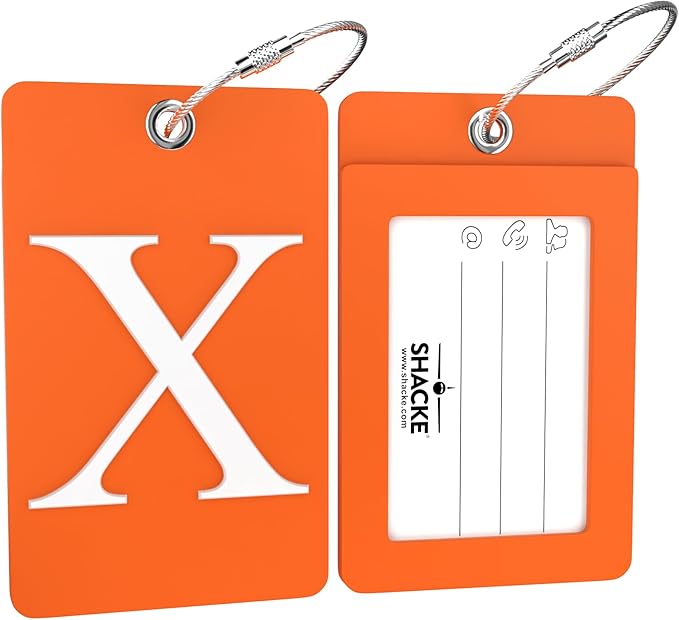 Shacke Luggage Tag Initial – Fully Bendable Tag w/Stainless Steel Loop (Orange) (Letter X)
