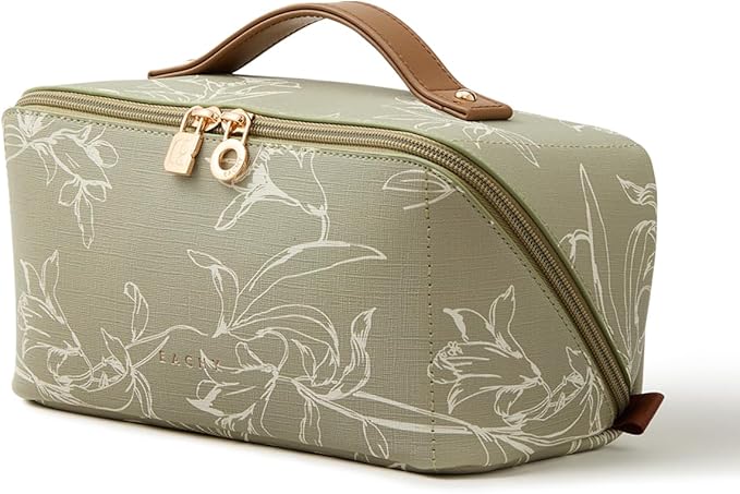 EACHY Travel Makeup Bag, Large Capacity Cosmetic Bags for Women, Waterproof Portable Pouch Open Flat Toiletry Bag Pattern Make up Bag (F-Green)