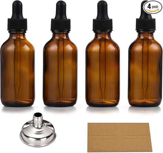 4 Pack, 1 oz Thick Dark Amber Glass Dropper Bottles with 1 Funnels & 4 Labels - 30ml Tincture Bottles with Eye Dropper - Leakproof Essential Oils Bottle - Storage and Travel for Beauty or Health