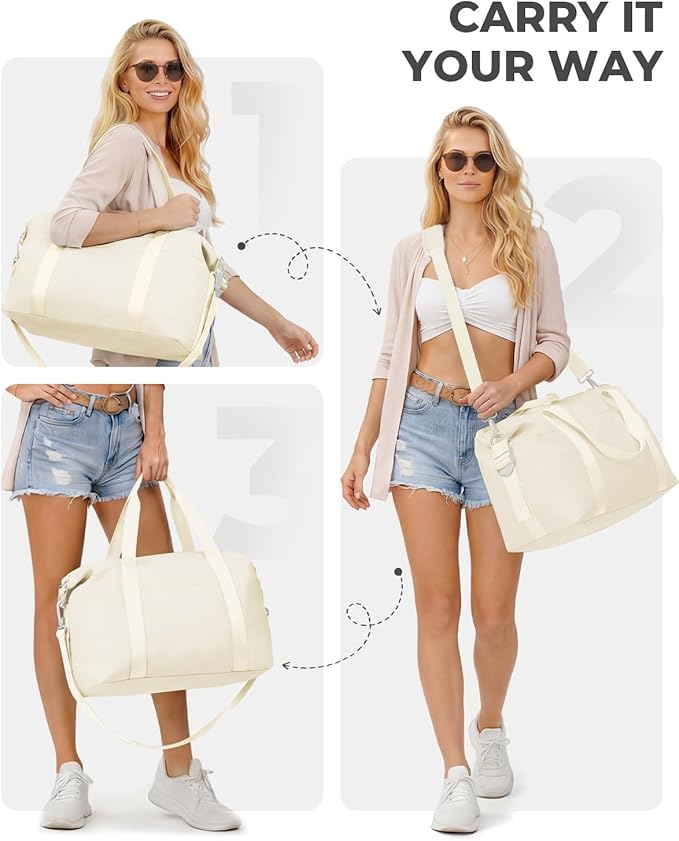 Percover Weekender Travel Duffel Bag for Women, Lightweight Soft-Structure 33L Carry-On, Water-Resistant Nylon with Shoulder Strap & Trolley Sleeve, Personal Item Friendly, Oat Milk