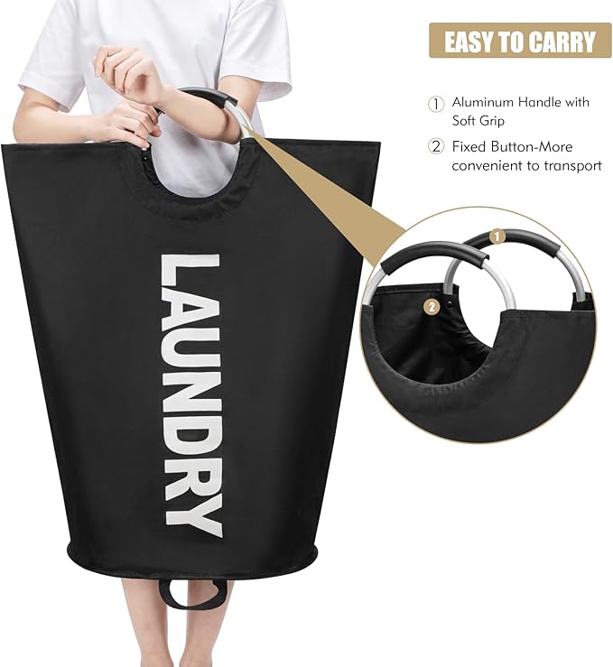 90L Large Laundry Basket, Freestanding Tall Clothes Hamper, Collapsible Laundry Bag, Black