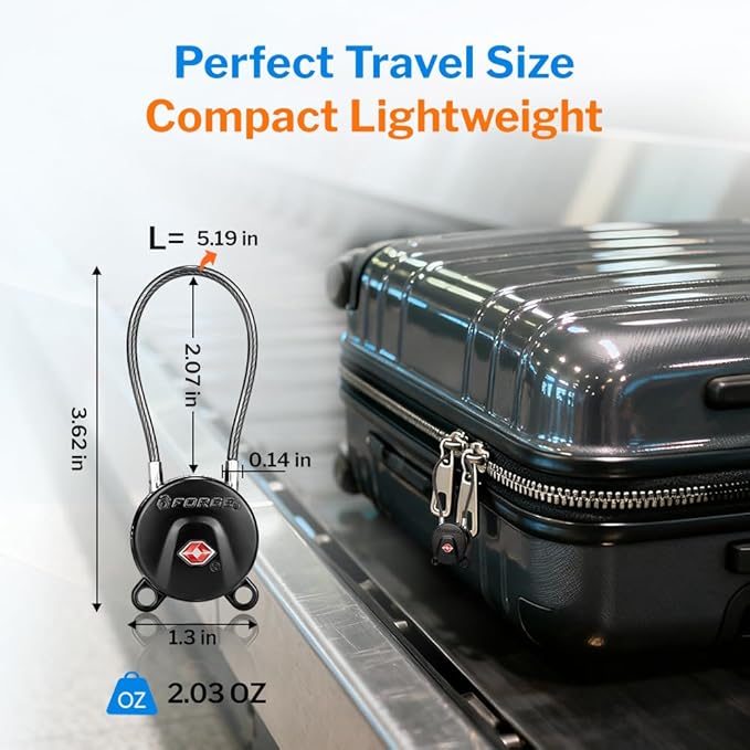 Forge TSA Approved Luggage Locks Ultra-Secure Dimple TSA006 Key Travel Locks with Zinc Alloy Body- Black 2 Cable Locks