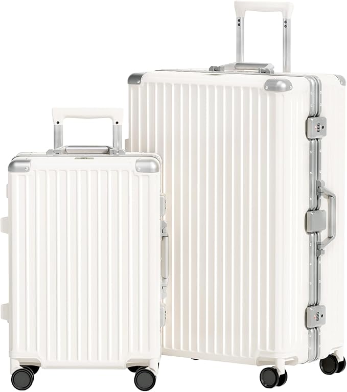 AnyZip Luggage Sets 2 Piece Aluminum Frame Carry On and Checked Suitcase PC ABS Hard Shell TSA Lock No Zipper(White, 20/28)