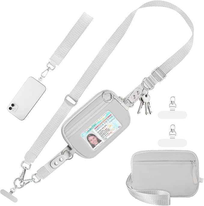 Tiostep Clip and Go Strap for Phone with Wallet Crossbody Phone Lanyard Adjustable and Detachable RFID Wristlet Wallet with ID Window and Zipper, Grey