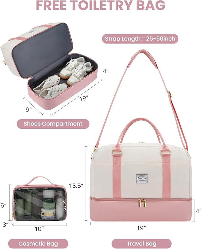 Weekender Travel Duffle Bag for Women: Overnight Bags with Shoe Compartment Carry on Bags for Airplanes with Toiletry Bag Yoga Gym Bag with Wet Pocket Travel Duffel Tote Bag Hospital Bag Pink Beige