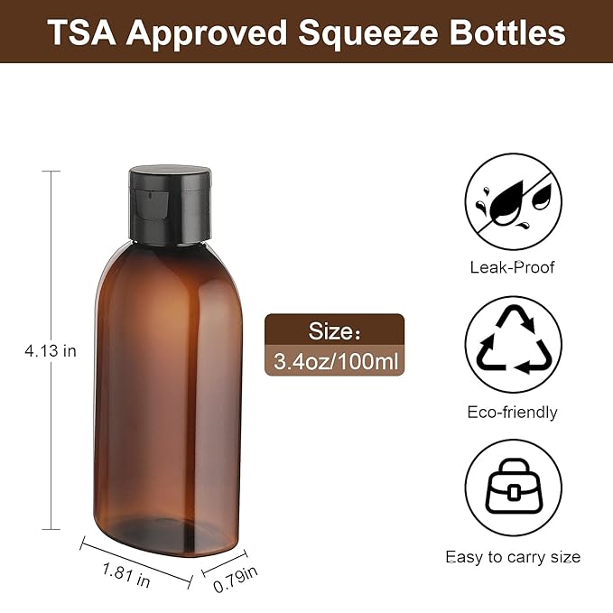 Travel Shampoo Bottles 6 Pack 3.4oz/100ml TSA Approved Squeezable Travel Size Bottles for Toiletries Leak-proof Shampoo and Conditioner Bottle Empty Plastic Squeeze Bottle Travel Essentials(Brown)