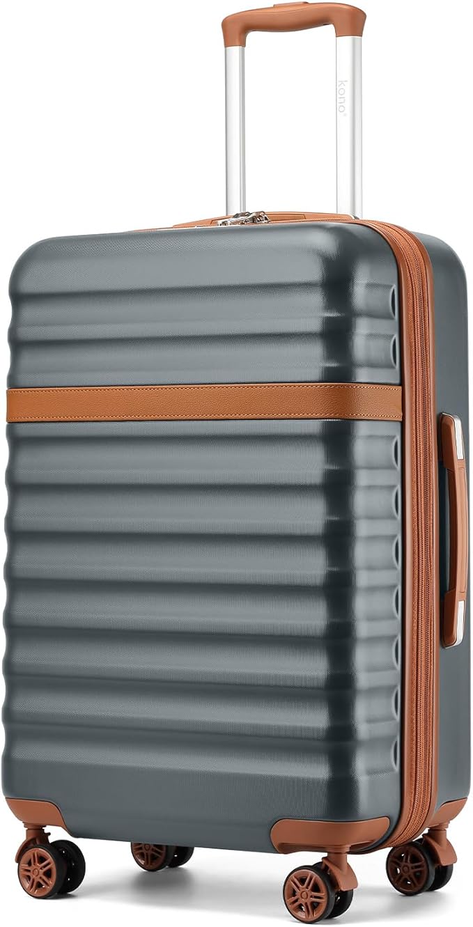 Kono Medium Sized Checked Luggage, 24 Inch Expandable with Spinner Wheels, TSA Lock, ABS + PC Lightweight Travel Suitcase with Larger Capacity and Lighter Weight, Grey Brown