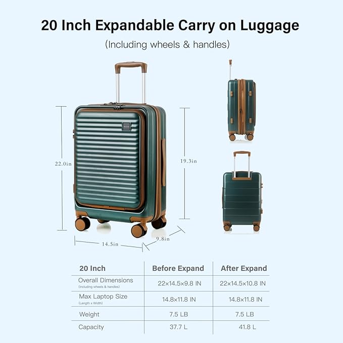 Carry On Luggage Airline Approved, 20 Inch Expandable PC Hardside Lightweight Suitcases with Spinner Wheels and TSA Lock (Dark Green, 20 Inch)