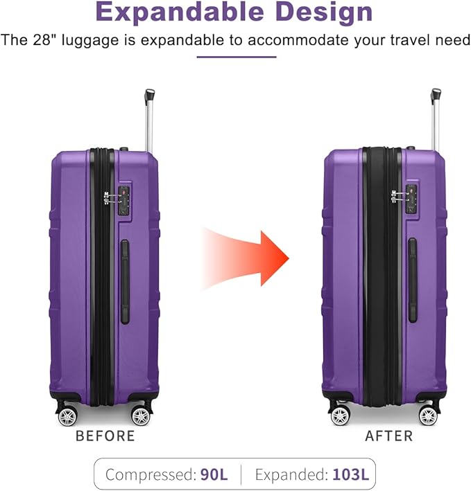 Kono 28 Inch Luggage Expandable Suitcase with Spinner Wheels TSA Lock Lightweight PC+ABS Hardside Large Checked Luggage Durable Rolling Suitcase Purple