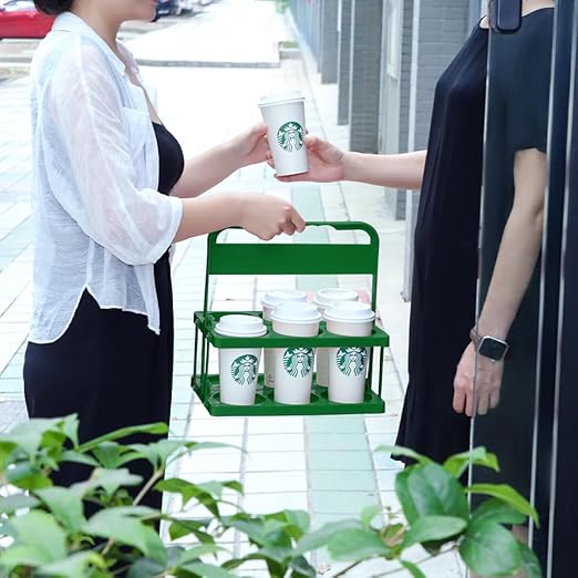 Bodaon 6 Cup Drink Carrier with Handle, Plastic Cup Holders for Take Out Delivery Drivers, Reusable Foldable Car Drink Caddy, Leakproof Food Delivery Accessories, 360° Secure Grip, Green