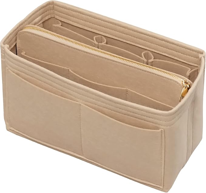 Purse Organizer Insert with Zipper Felt Bag Organizer Handbag Organizer Insert Bag in Bag Organizer with Key Chain for Tote Purse Bag Beige Small