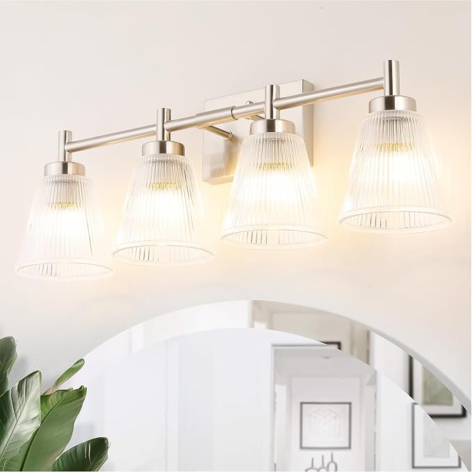OCIOC 4-Light Vanity light fixtures, Brushed Nickel Vanity lights over mirror makeup light wall sconces with clear Striped glass shade, Bathroom lighting fixtures for Living room, Bedroom, Kitchen